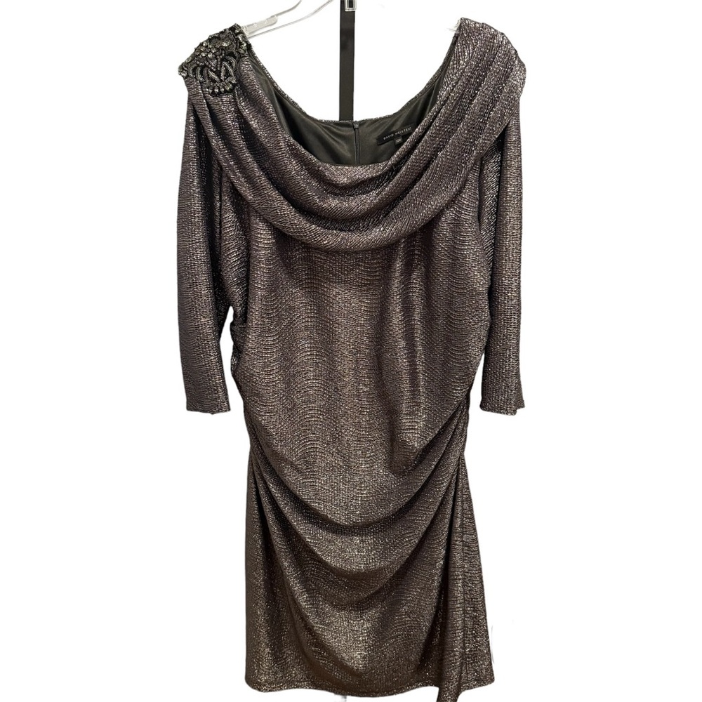 David Meister Shiny Silver Mock Neck Ruched Dress, size 22W
